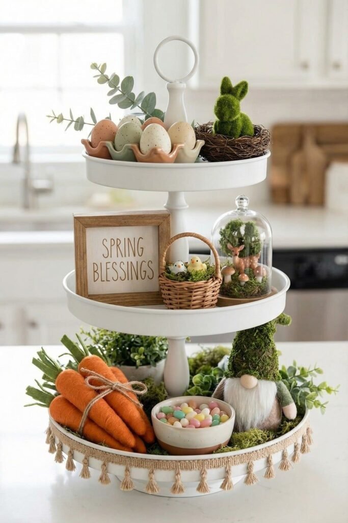 Simple spring centerpiece tray with a small vase, candles and natural elements