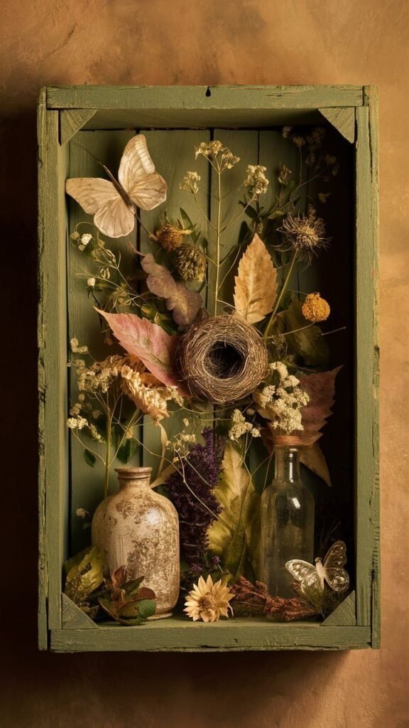 Nature shadow box art with pressed leaves, flowers and small branches