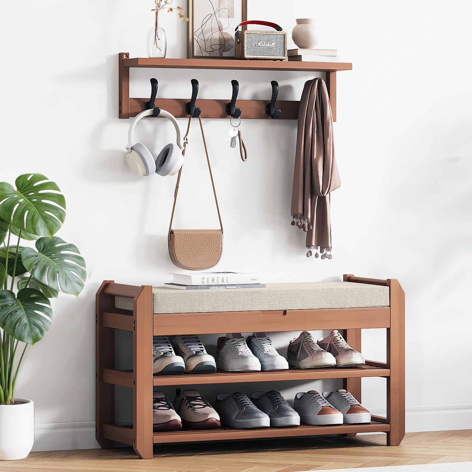 27.6 Inch Shoe Rack Bench with Coat Rack, 2-Tier Entryway Storage Bench