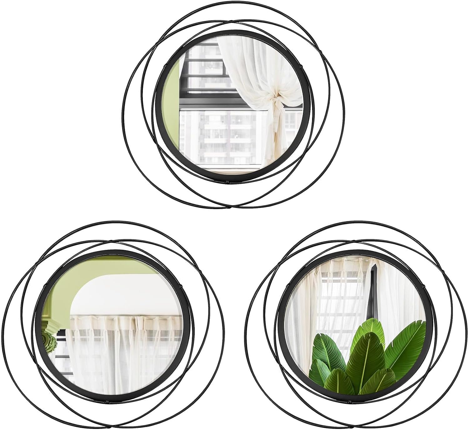 3 Piece Sunburst Round Wall Mirror Set for Bedroom and Bathroom