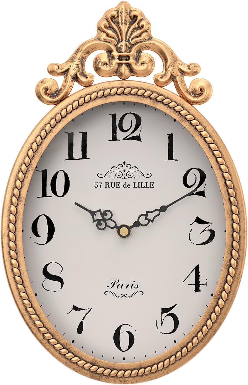 Abdurey Small French Retro Wall Clock, Antique Gold Oval Style