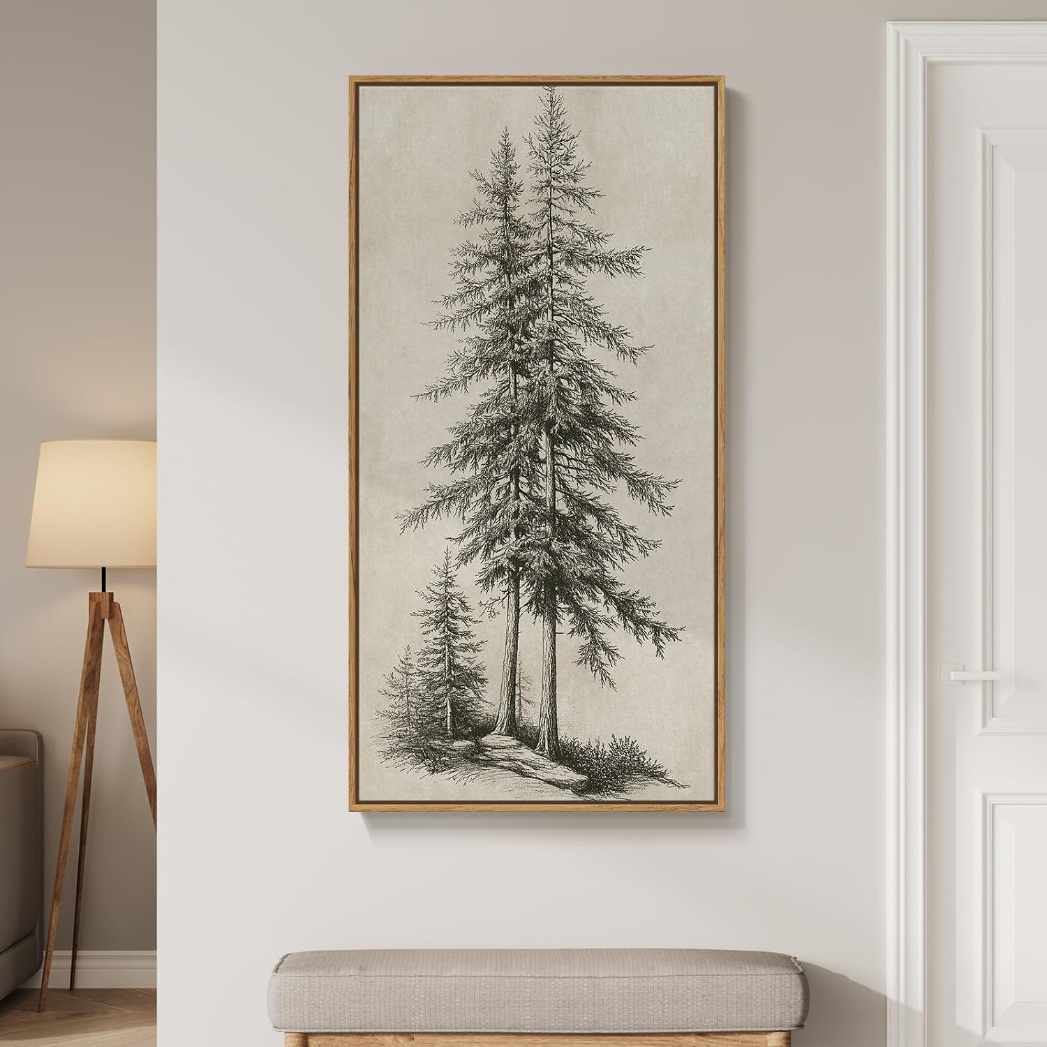Framed Vertical Vintage Tree Sketch Wall Art, 20 x 40 Inch