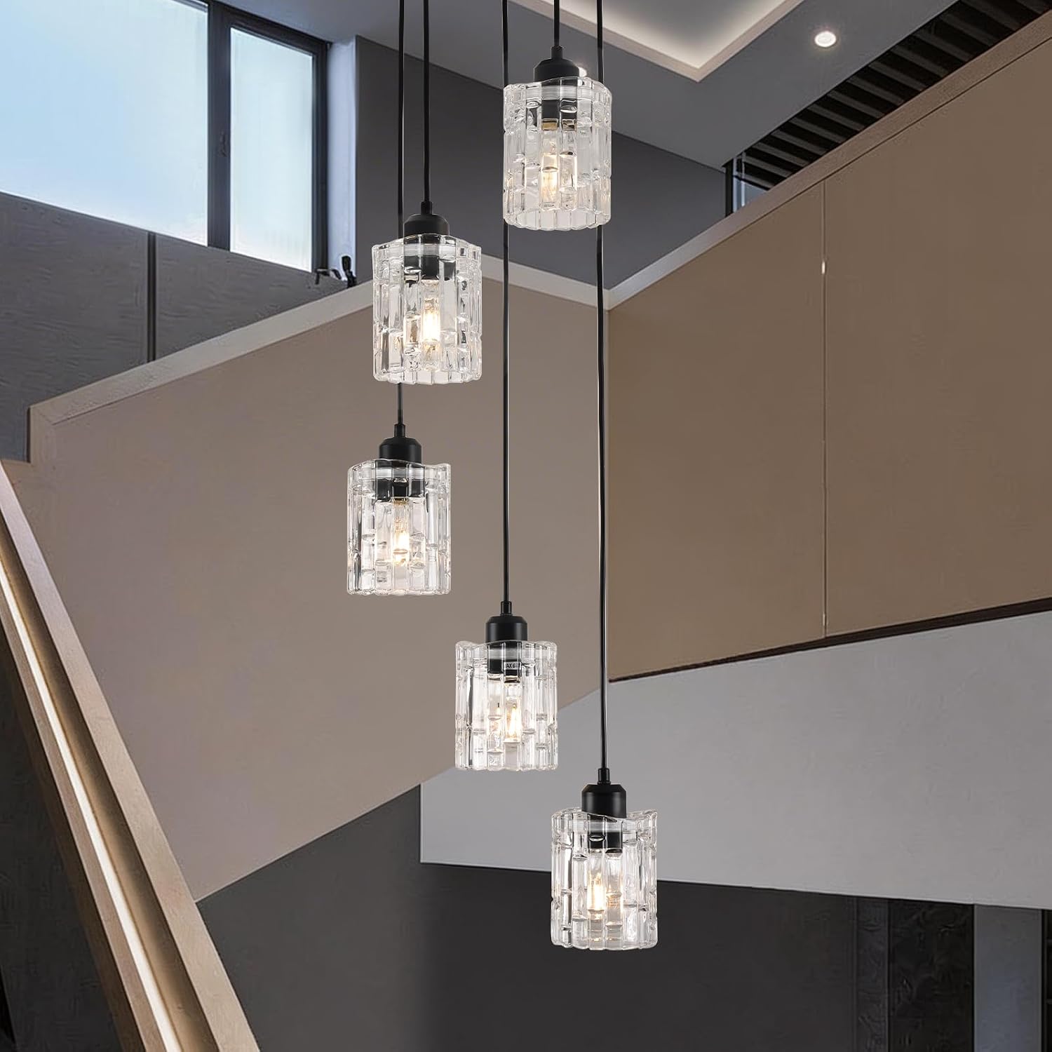 5-Light Black Glass Cluster Chandelier for Staircase and Foyer