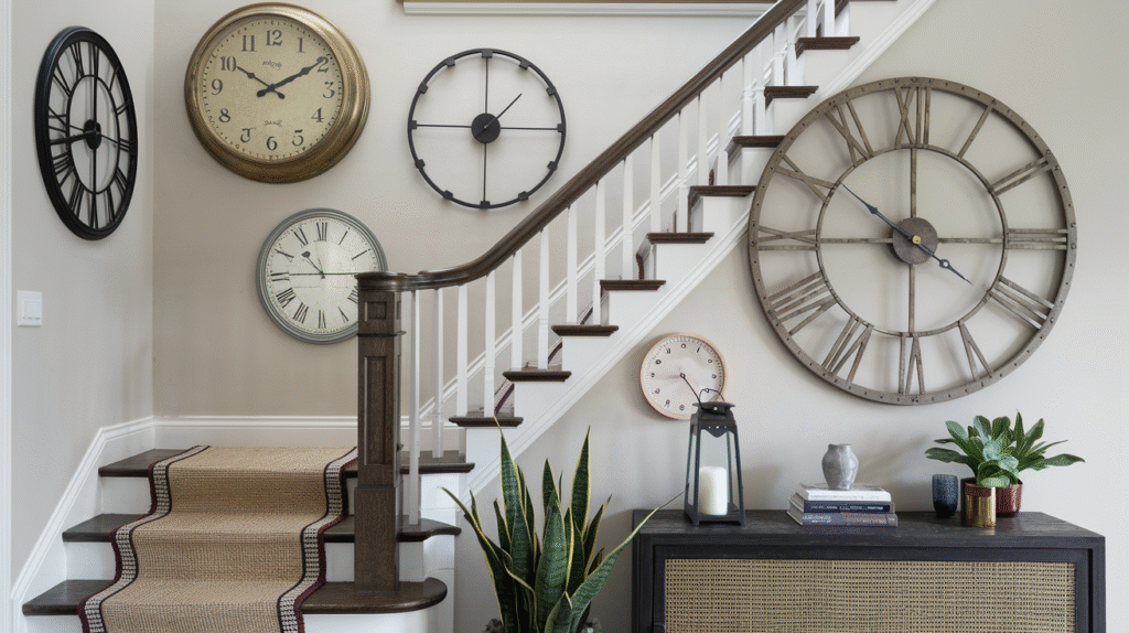 A collected mix of clocks adding eclectic character to the wall