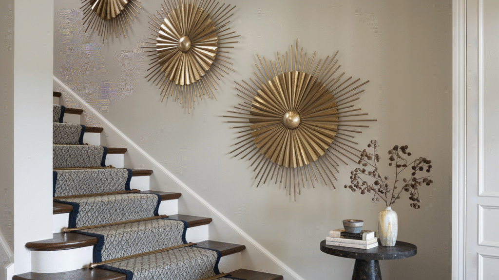 Sculptural wall art adding dimension to the staircase