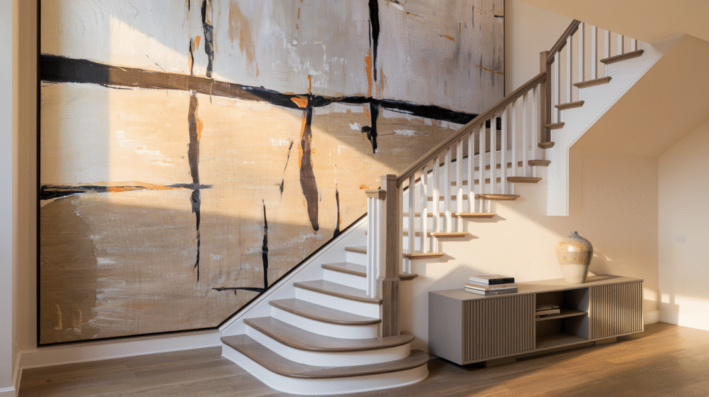 Oversized statement art making full use of the staircase wall's height
