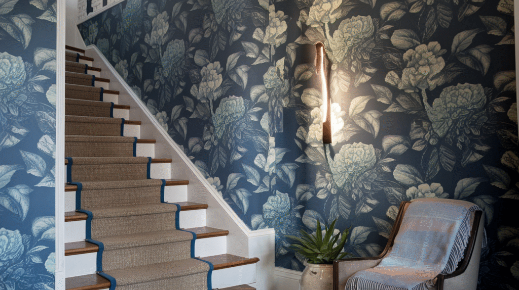 Bold wallpaper adding instant drama to the staircase wall