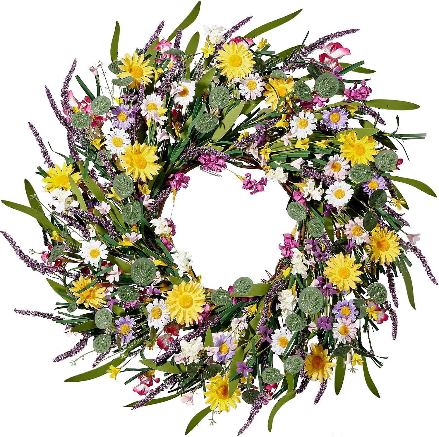Sggvecsy Daisy and Lavender Wildflower Wreath, 24 Inch, Artificial Spring and Summer