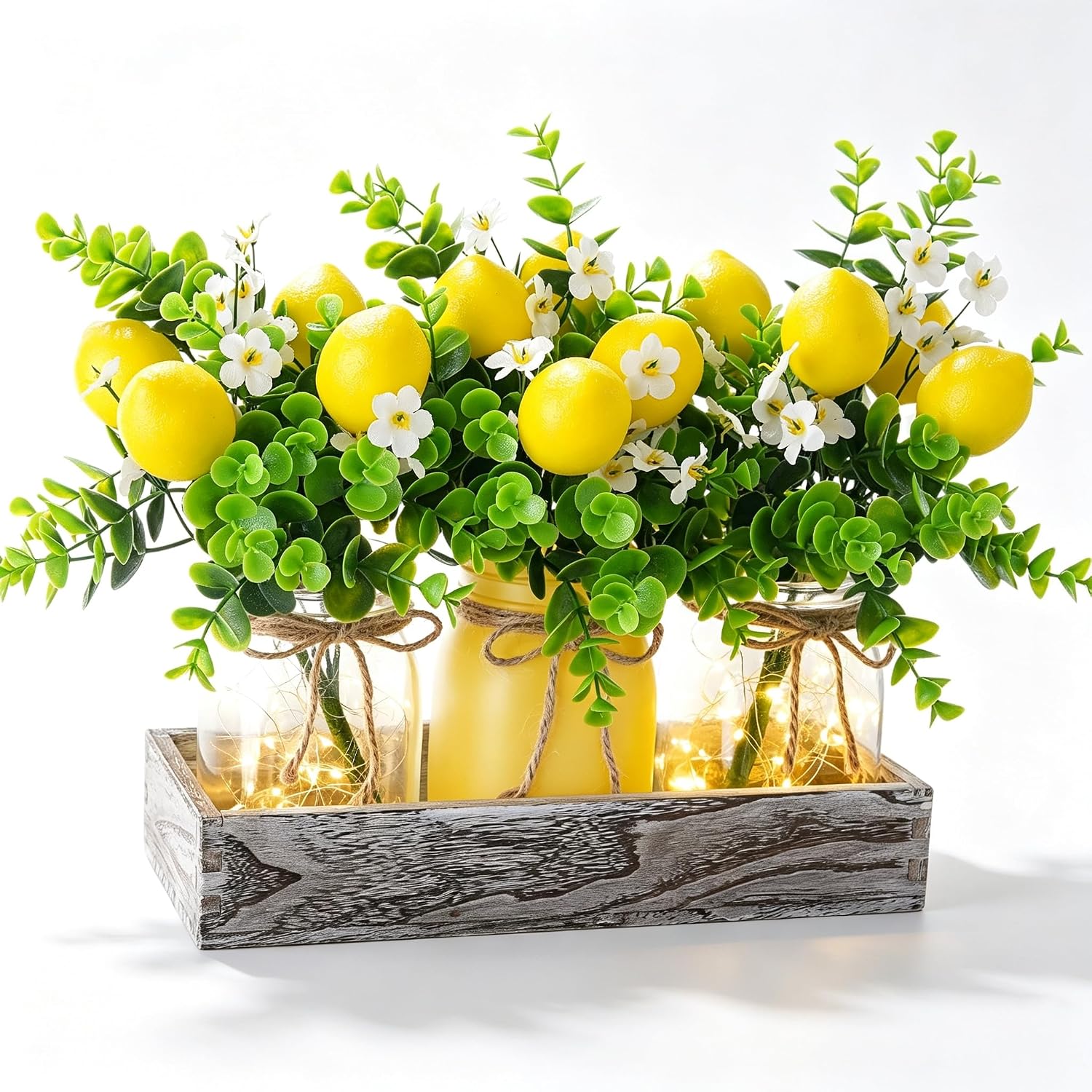 Summer Lemon Mason Jar Centerpiece Set of 3 with Wood Tray