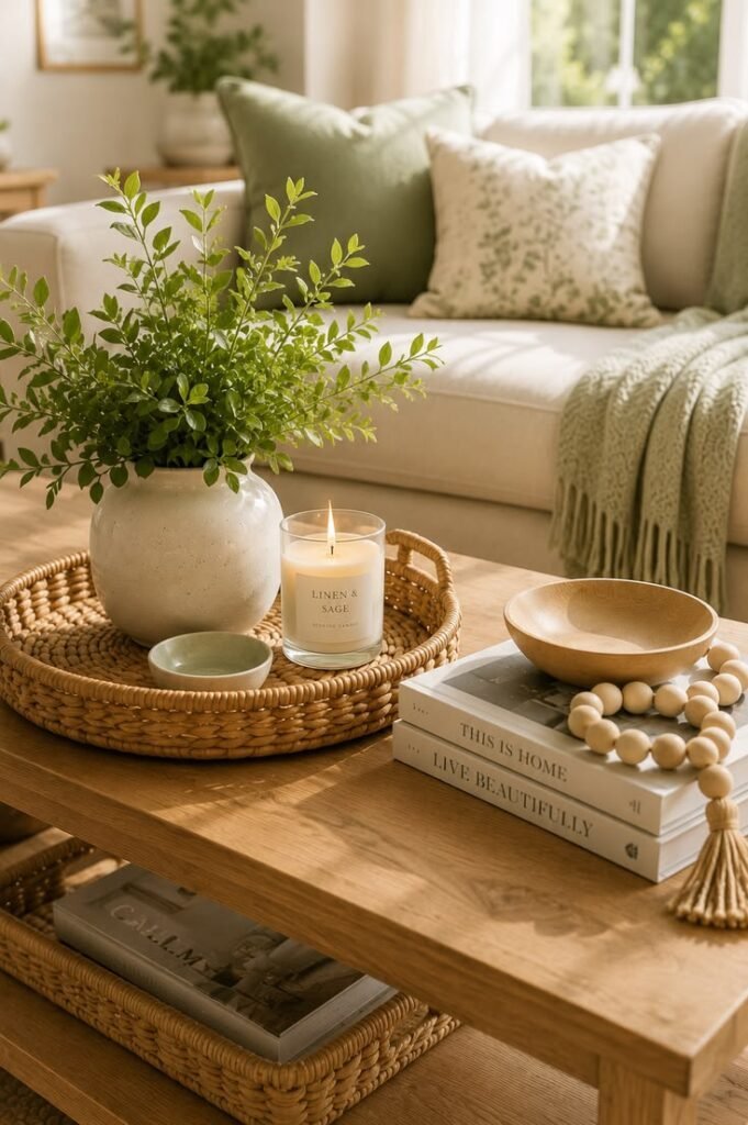 A coffee table styled with simple, seasonal summer touches