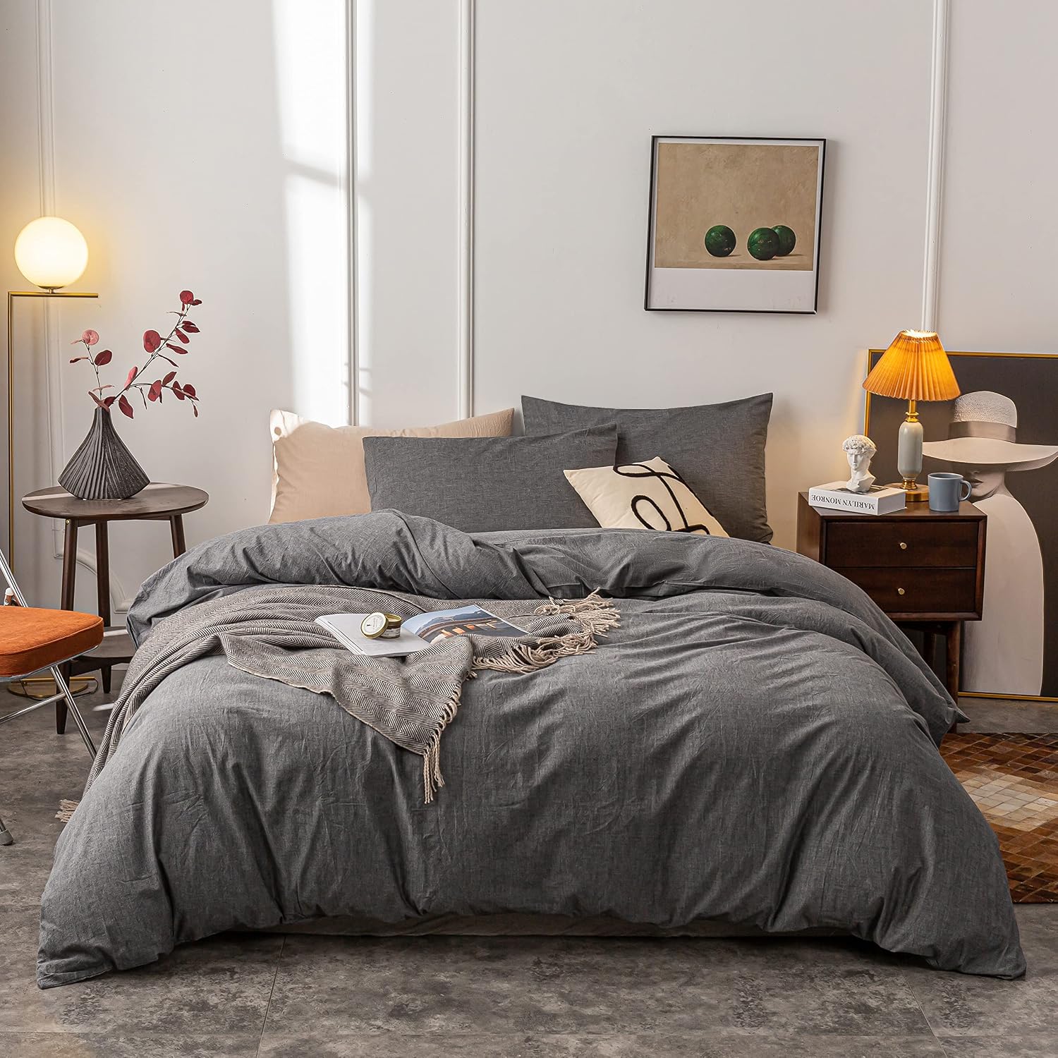 Janlive Washed Cotton Duvet Cover, Full, Solid Gray, Ultra Soft