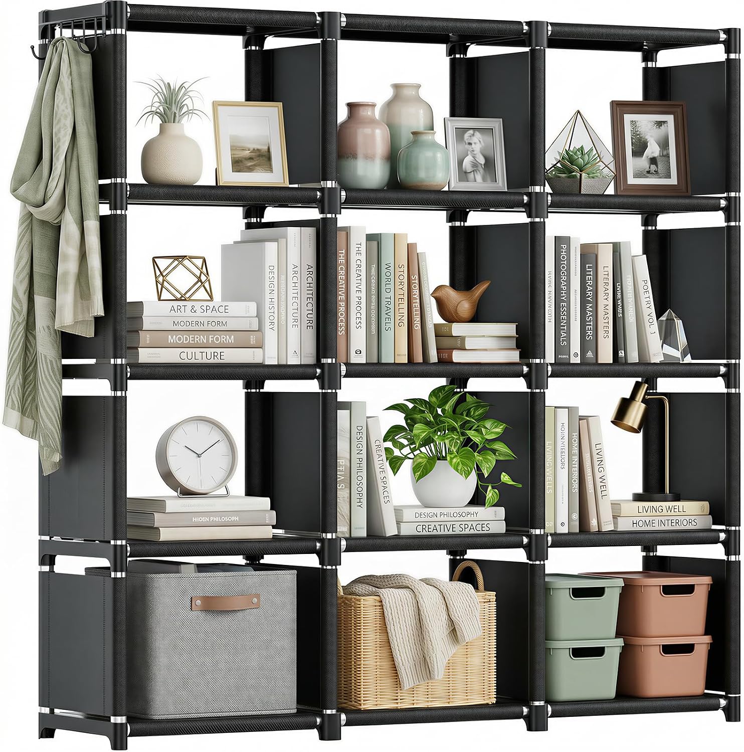 Mavivegue 12 Cube Storage Organizer Bookcase, Black Metal Bookshelf