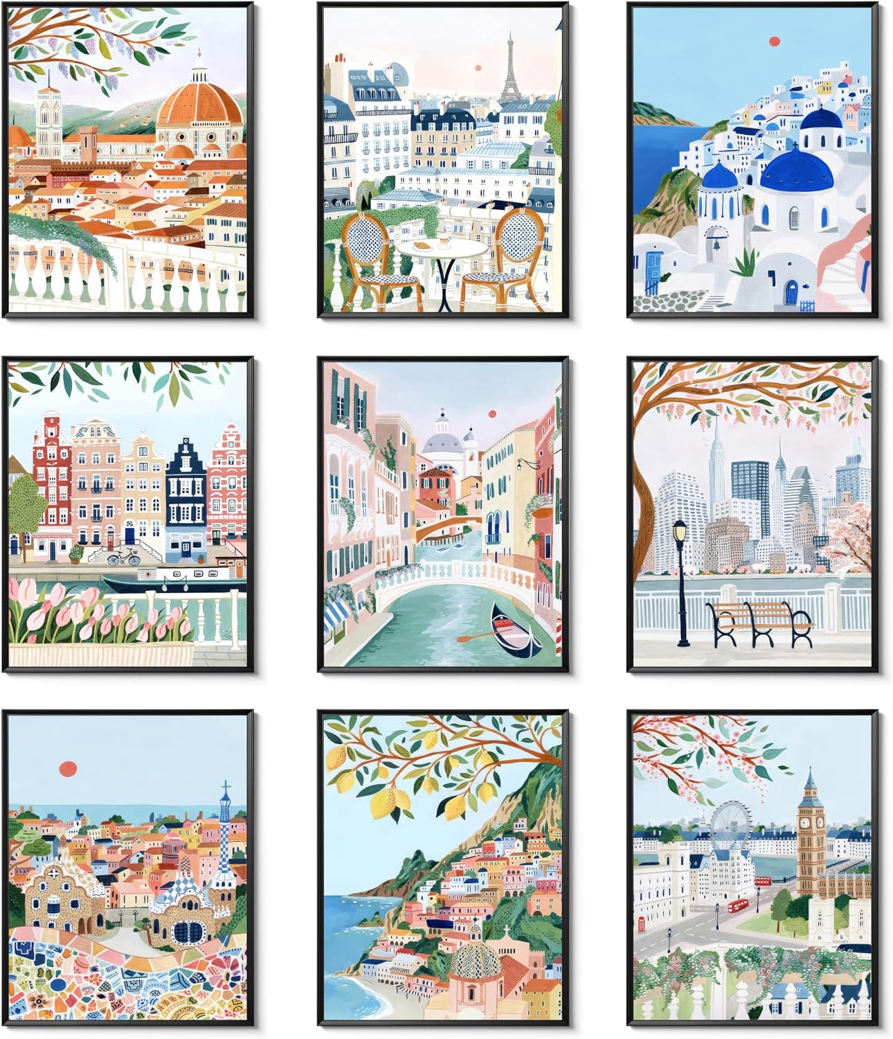 Vintage Travel Cities Posters Wall Art Set of 9, Colorful Landscape Prints