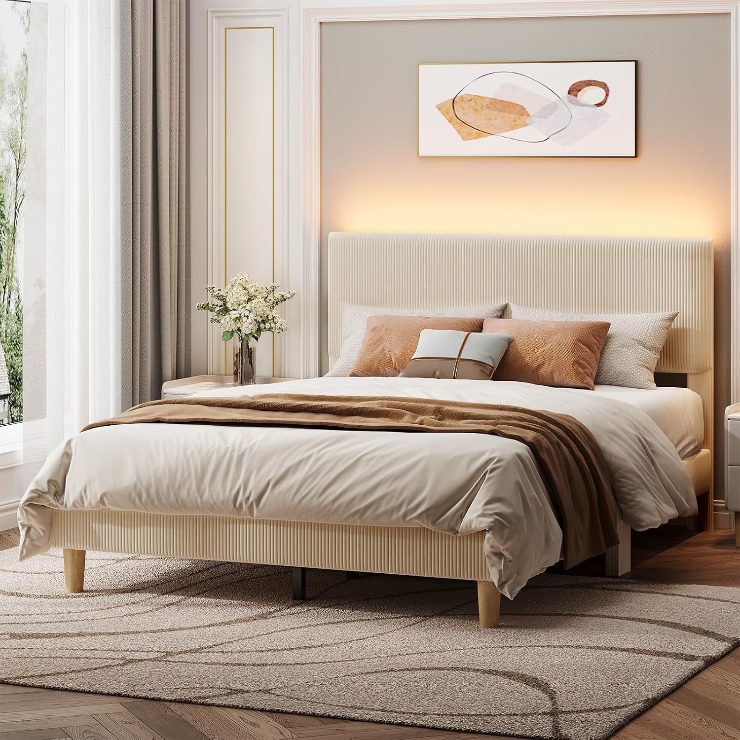 Bestier Upholstered Queen Bed Frame with LED Lighting Headboard, Beige