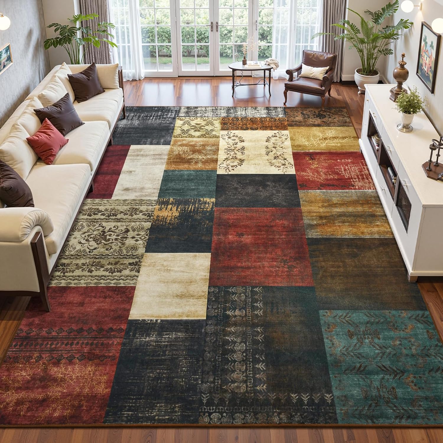 DweIke Washable Patchwork Area Rug, 5 x 7 Ft, Modern Geometric Colorful, Non-Slip