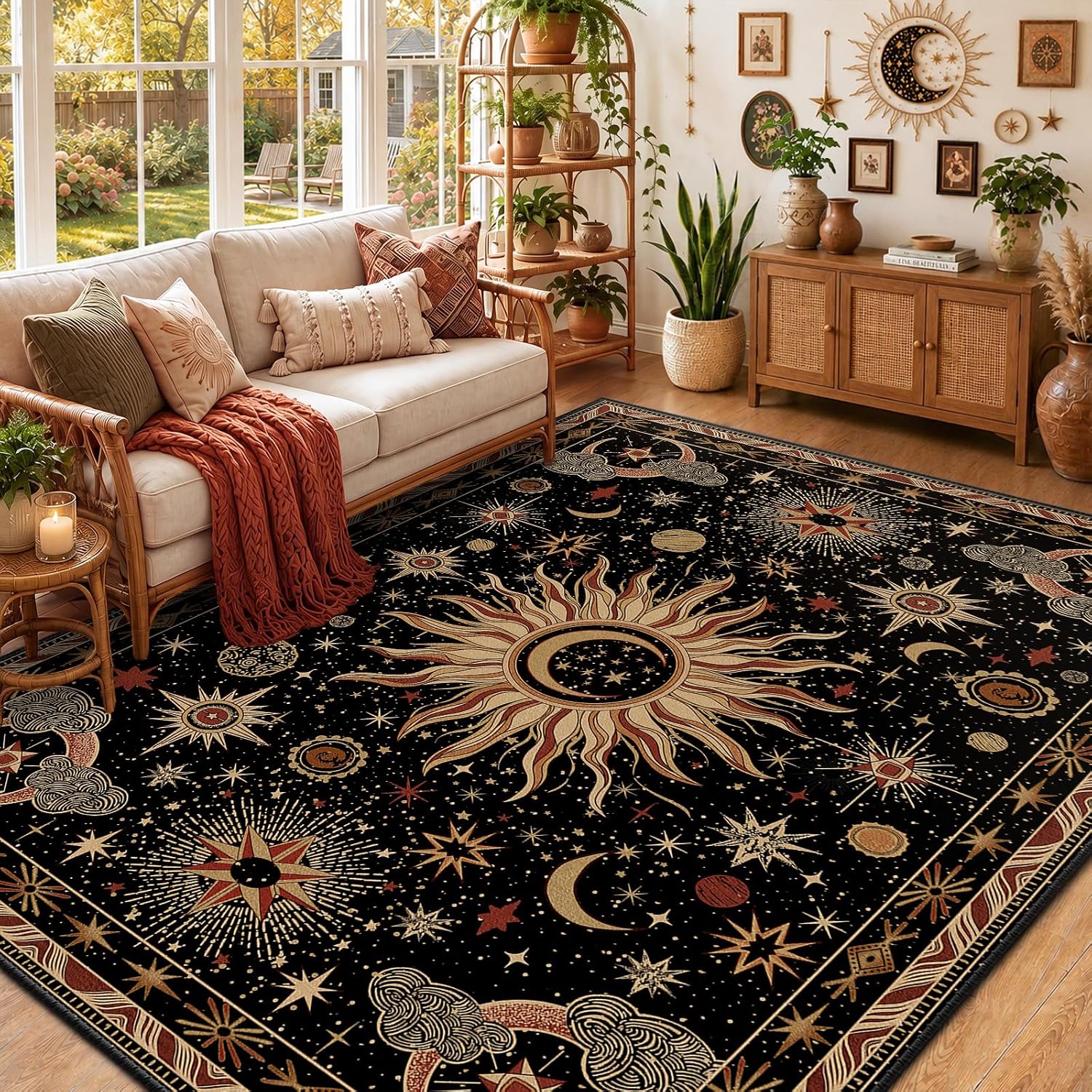 Washable Celestial Area Rug, 5 x 7 Ft, Black Gold Beige Red, Vacuum-Friendly