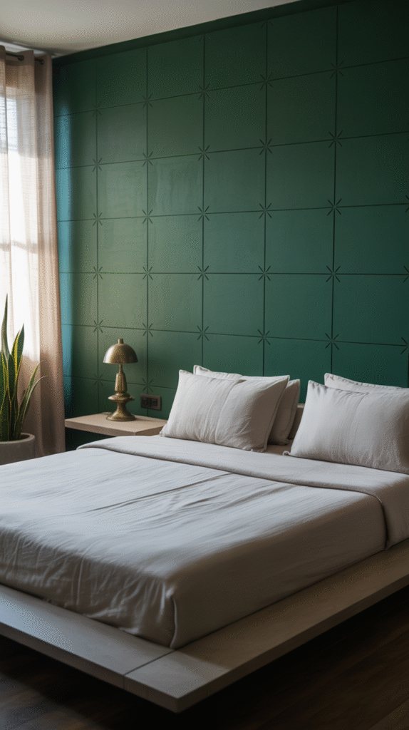 Teen boy bedroom with a bold dark accent wall behind the bed