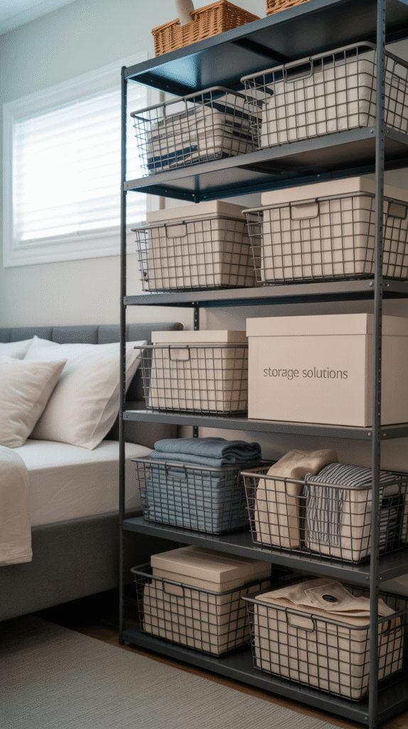 Stylish open storage shelving in a teen boy bedroom