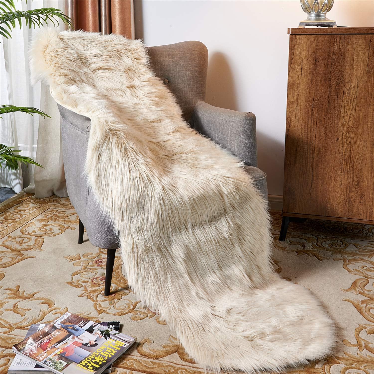 EasyJoy Ultra Soft Fluffy Shaggy Faux Fur Rug, Beige, 2 x 6 Ft