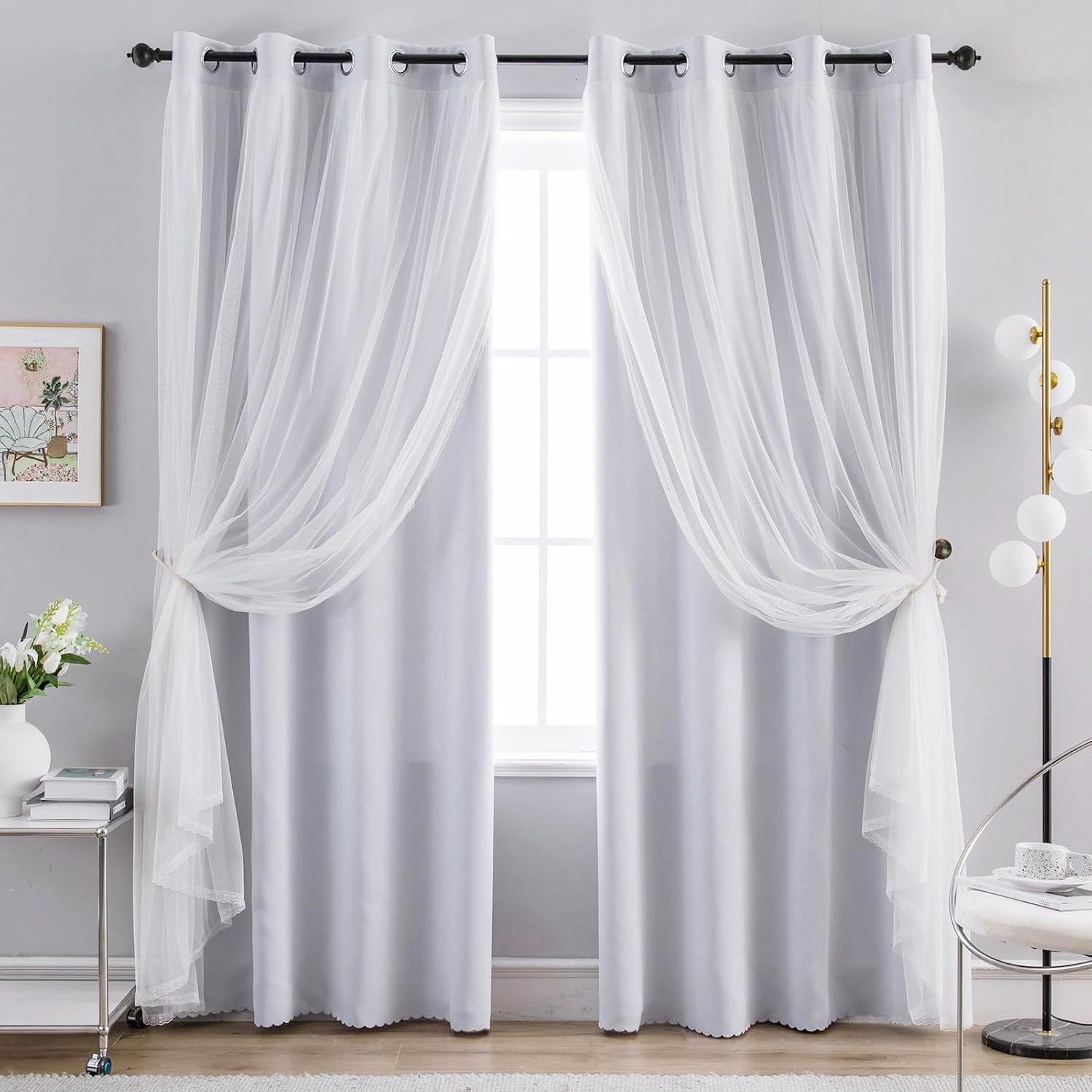 Anytime Double Layer Curtains with Sheer Overlay, 2 Panels, 52 x 84 Inch