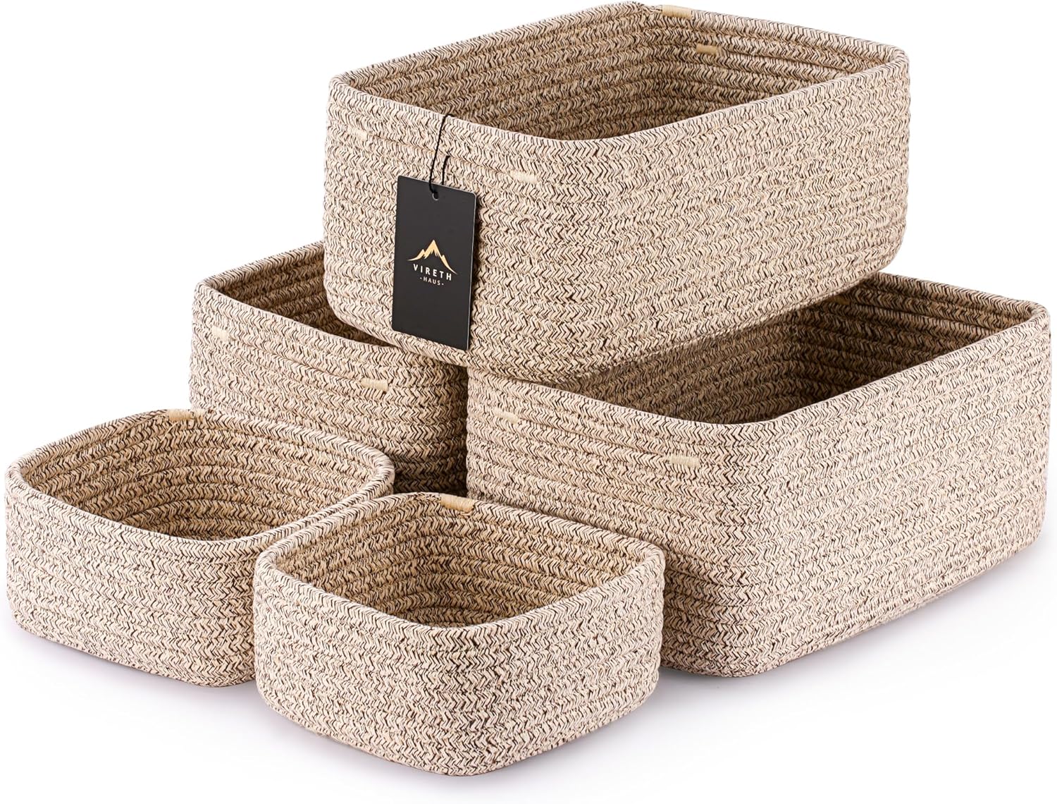 5-Pack Small Woven Rope Storage Baskets, 2 Sizes, Organizer Bins