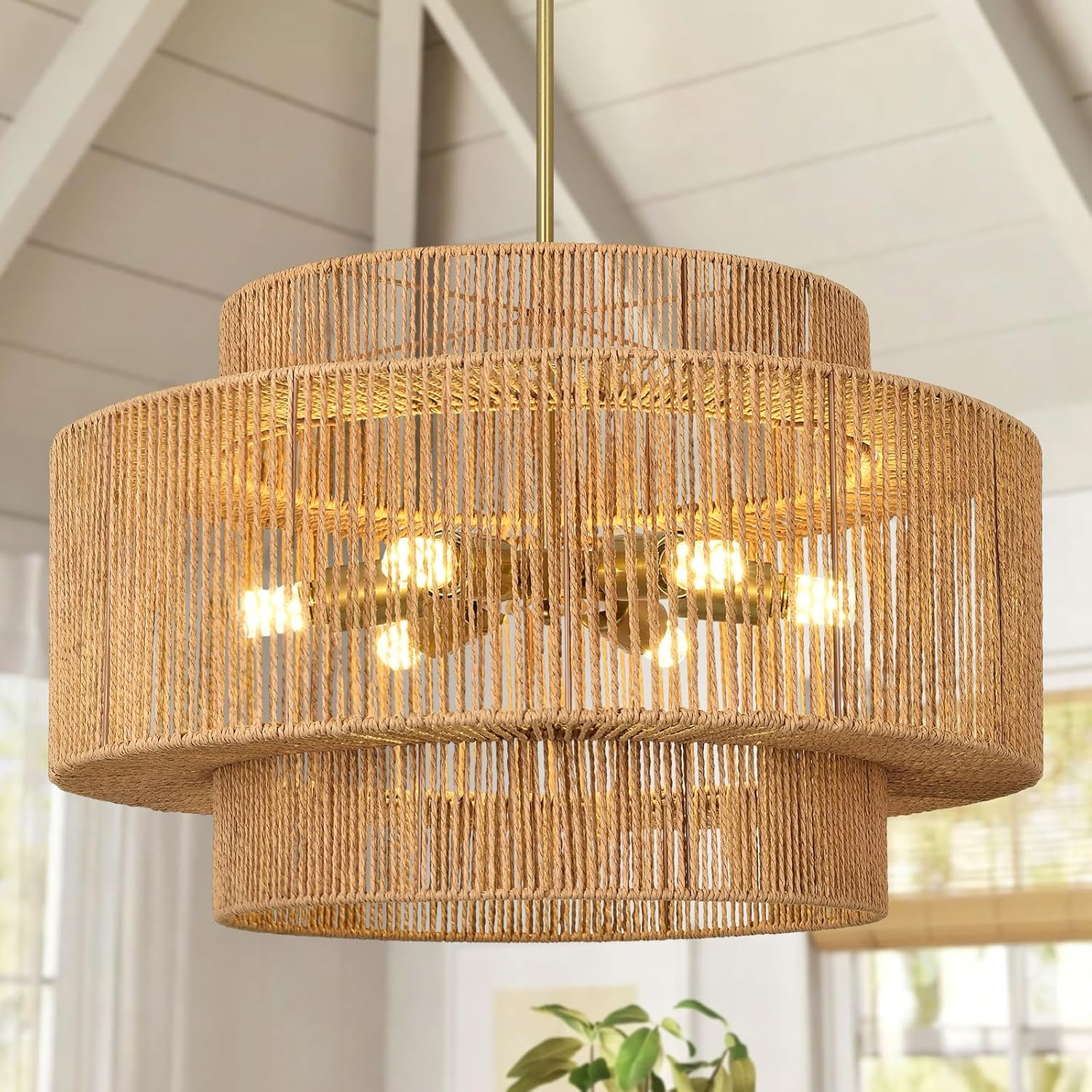 Boho Rattan Drum Chandelier, 23.6 Inch, 6-Light Pendant Fixture