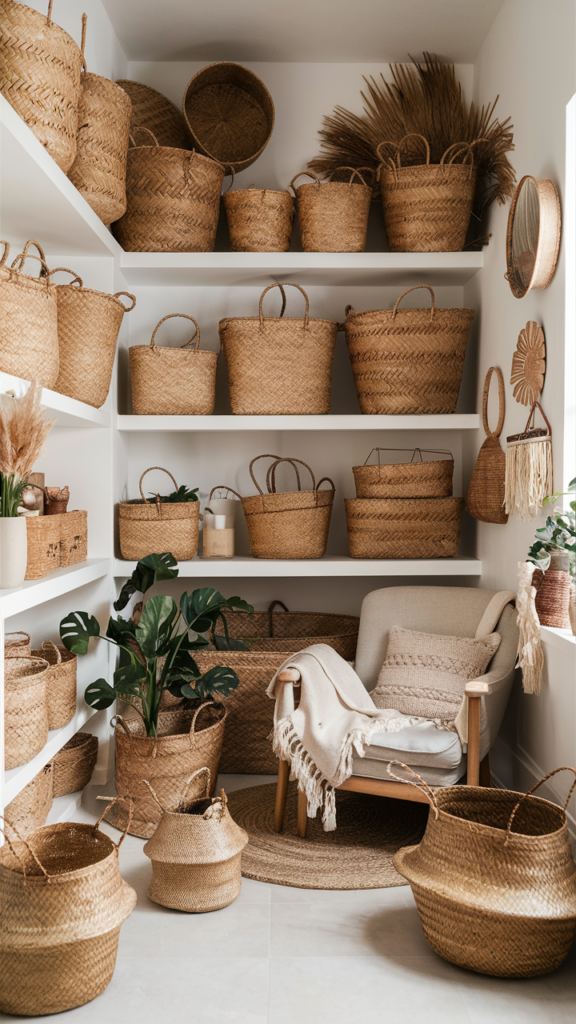 Woven baskets adding natural texture to a bohemian-style living room