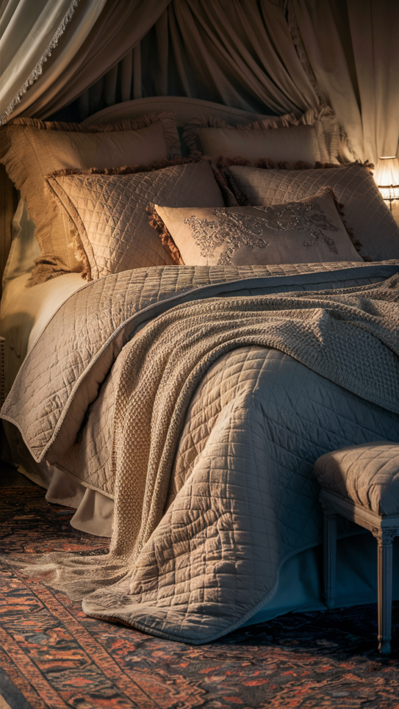 Layered textured bedding in a luxurious inviting bedroom