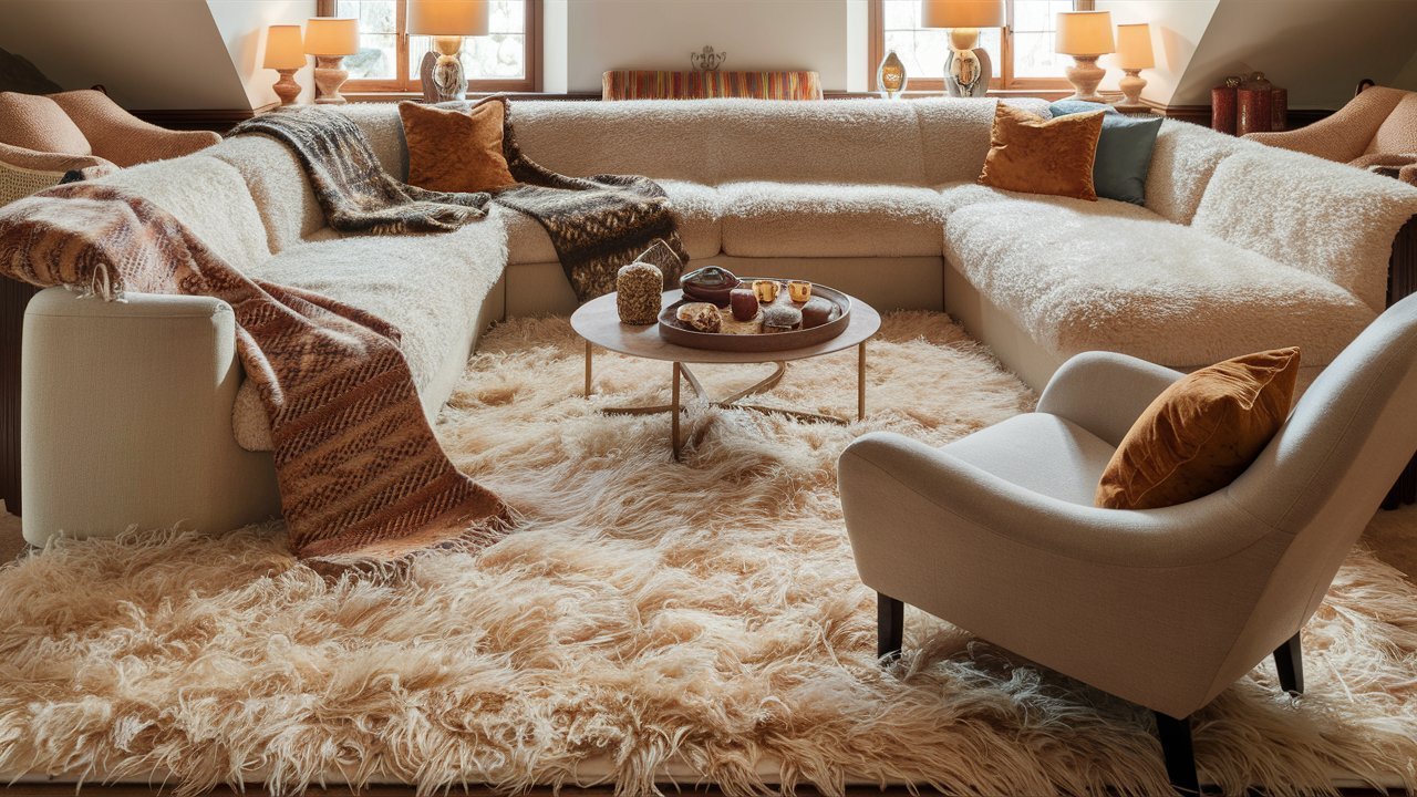 Cozy textured living room with layered rugs, faux fur and velvet pillows