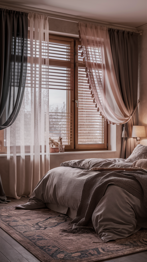 Layered sheer and heavy curtains in a warm inviting bedroom