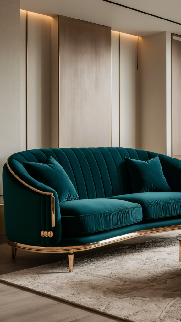 Velvet armchair adding glam texture to a contemporary living room