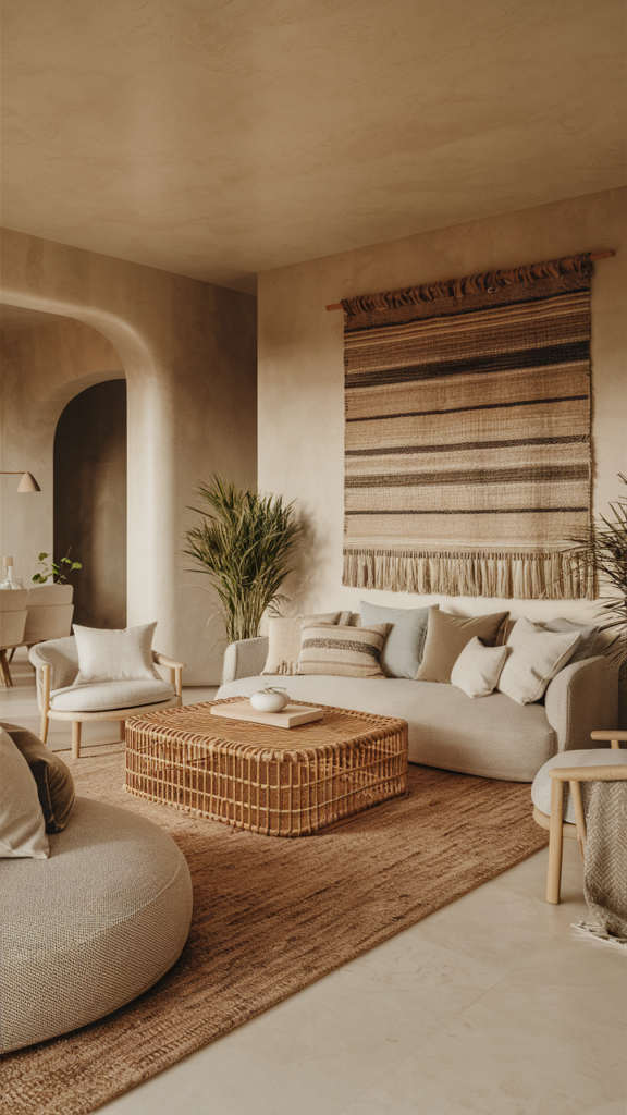 Woven wall art adding handcrafted texture to a modern living room
