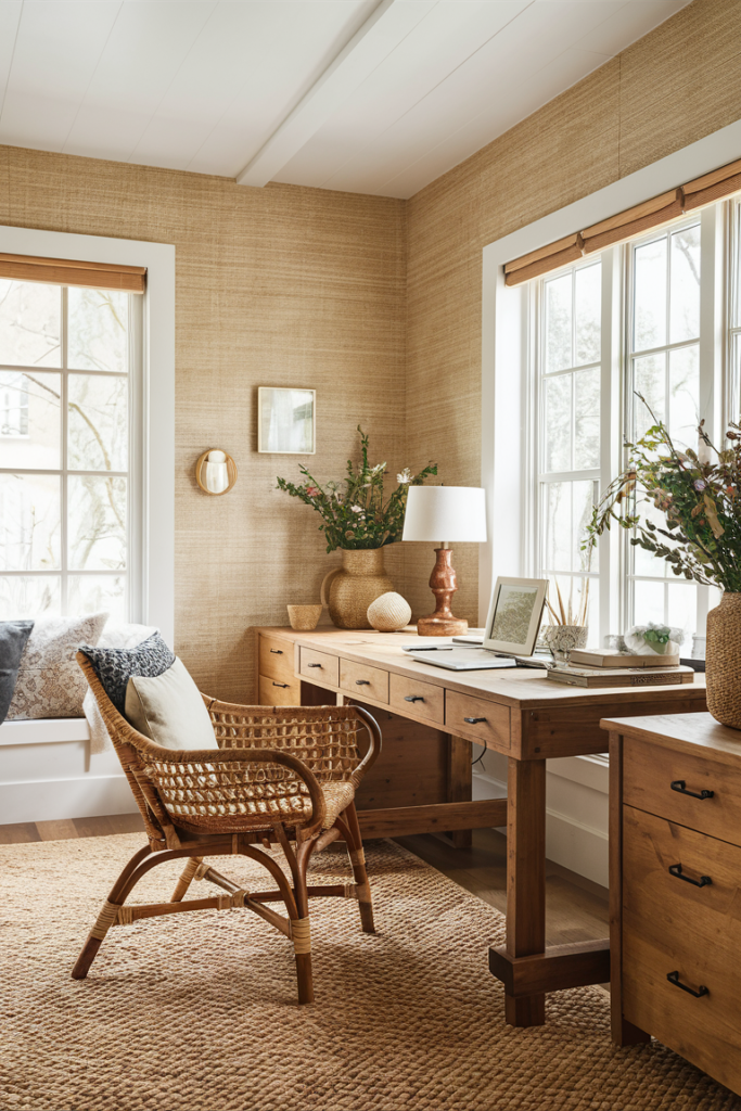 Grasscloth wallpaper accent wall in a warm, tranquil home office
