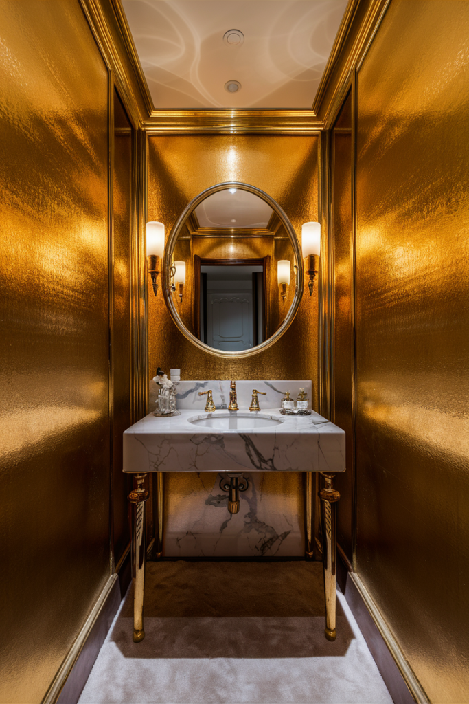 Metallic gold accent wall finish in a luxurious powder room