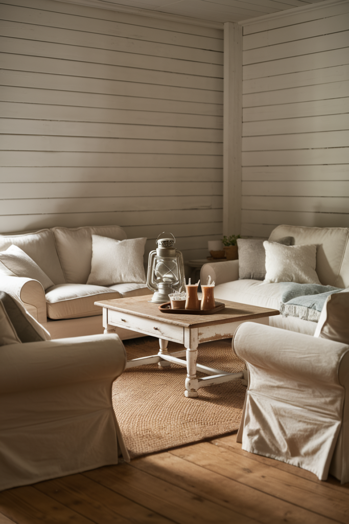 White shiplap accent wall in a serene farmhouse living room