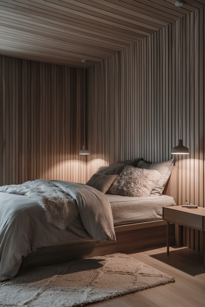 Vertical wood slat wall in a minimalist Scandinavian bedroom