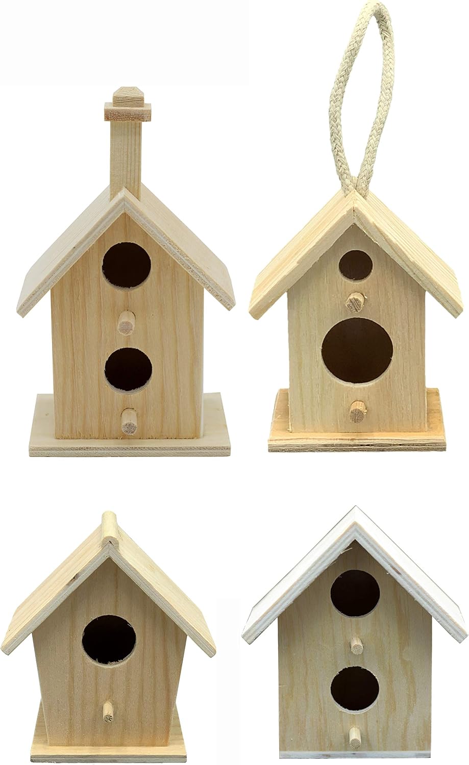 Creative Hobbies Mini 4 Inch Tall Birdhouse, Set of 4 Styles, Unfinished Wood