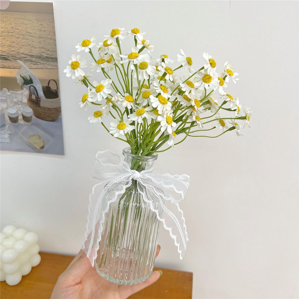 Small White Daisy Flowers Artificial, 2 Bouquets, 12 Pcs, 10 Inch Fake Daisies