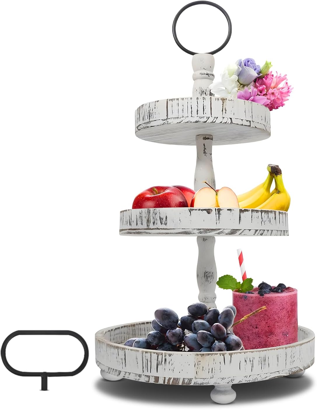 Adjustable 3 Tiered Tray Stand with Interchangeable Handles, White Farmhouse Decorative Tray