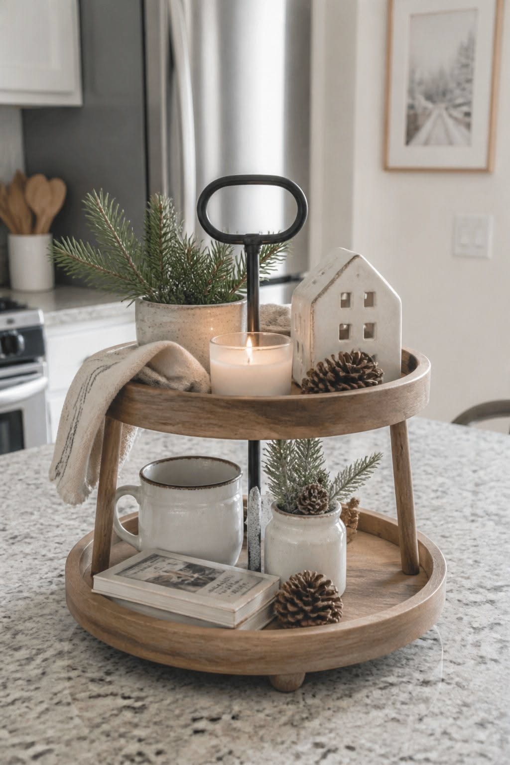 Two-tier wood tray with a candle, ceramic house and pinecones on top and a mug, jar and pinecone on the bottom level