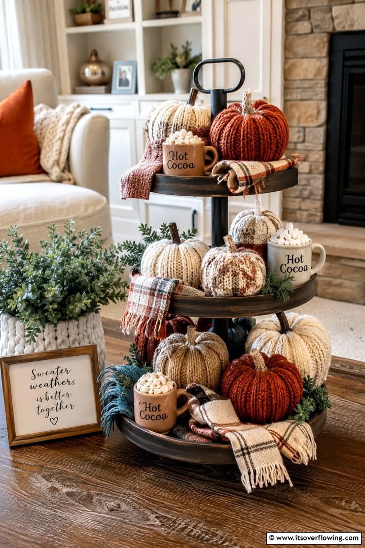Three-tier black tray styled with knitted pumpkins, Hot Cocoa mugs, plaid scarves and a sweater weather is better together sign