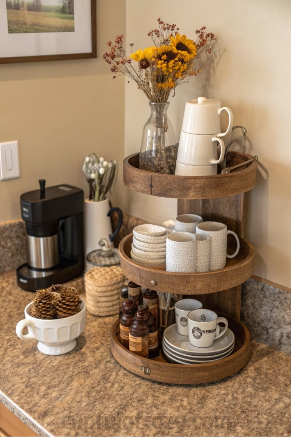 Round three-tier tray used as a coffee bar with stacked mugs, sunflowers, coffee beans and a coffee maker on the counter beside it