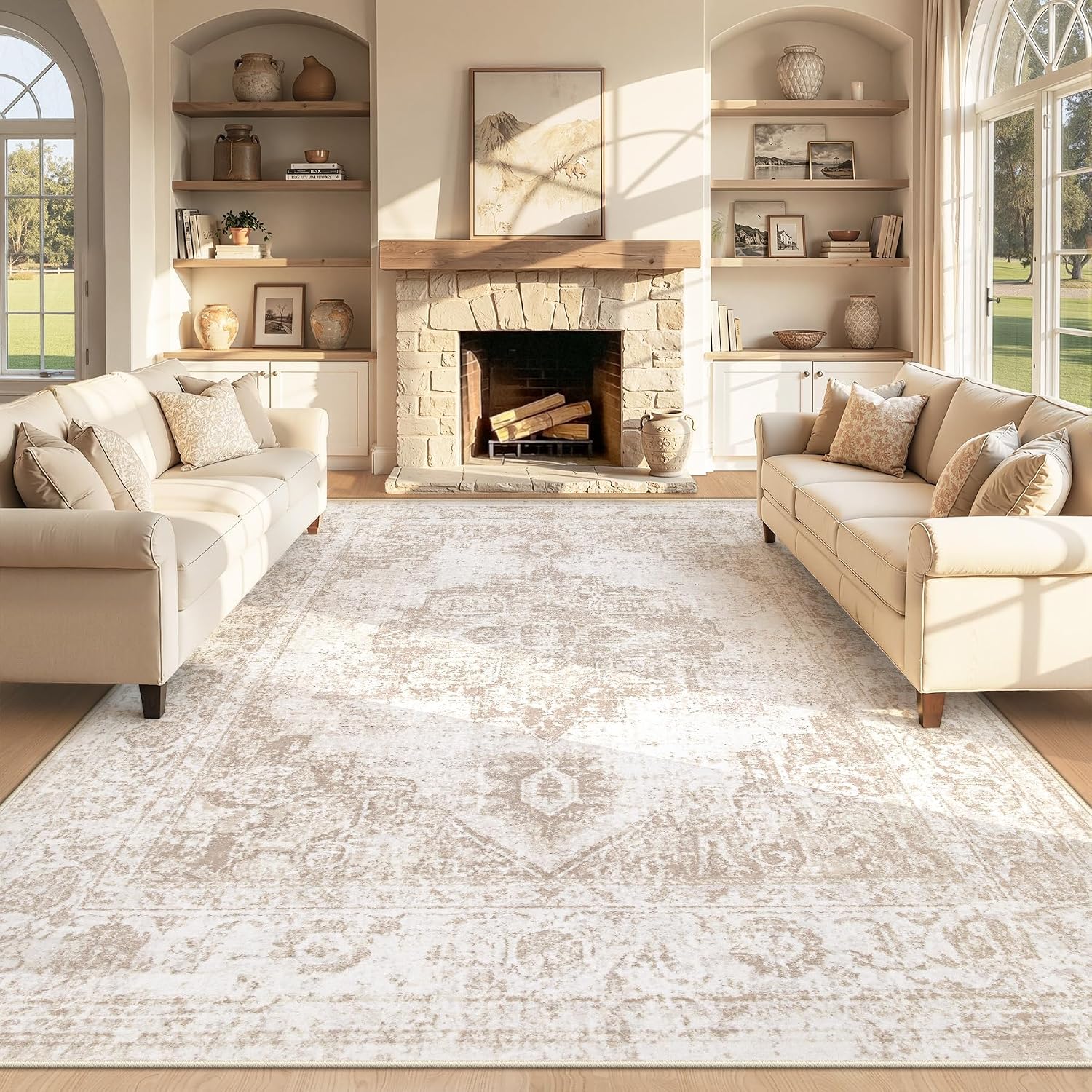 Washable Vintage Medallion Area Rug, 8 x 10 Ft, Low Pile Distressed