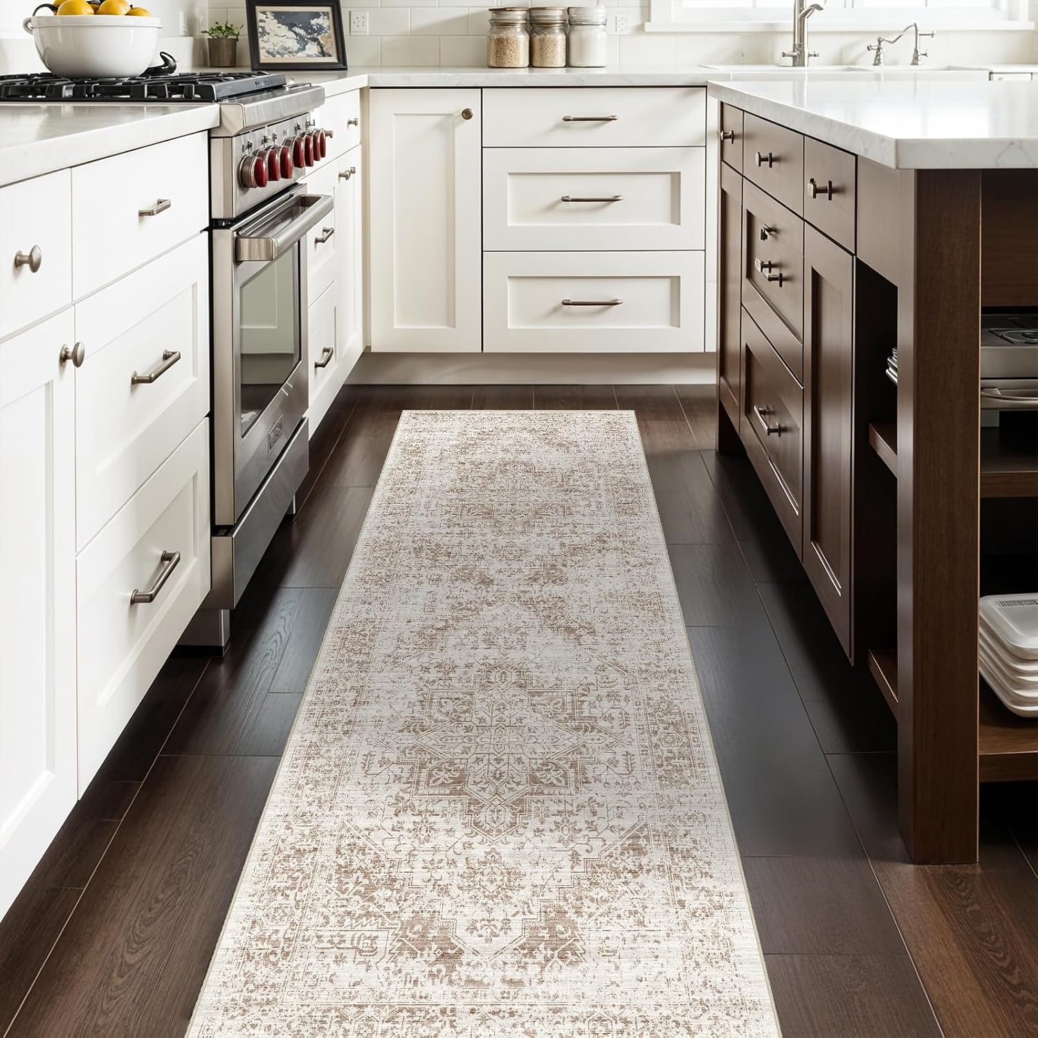 Washable Vintage Non-Slip Kitchen Runner Rug, 2.5 x 8 Ft, Ivory Beige