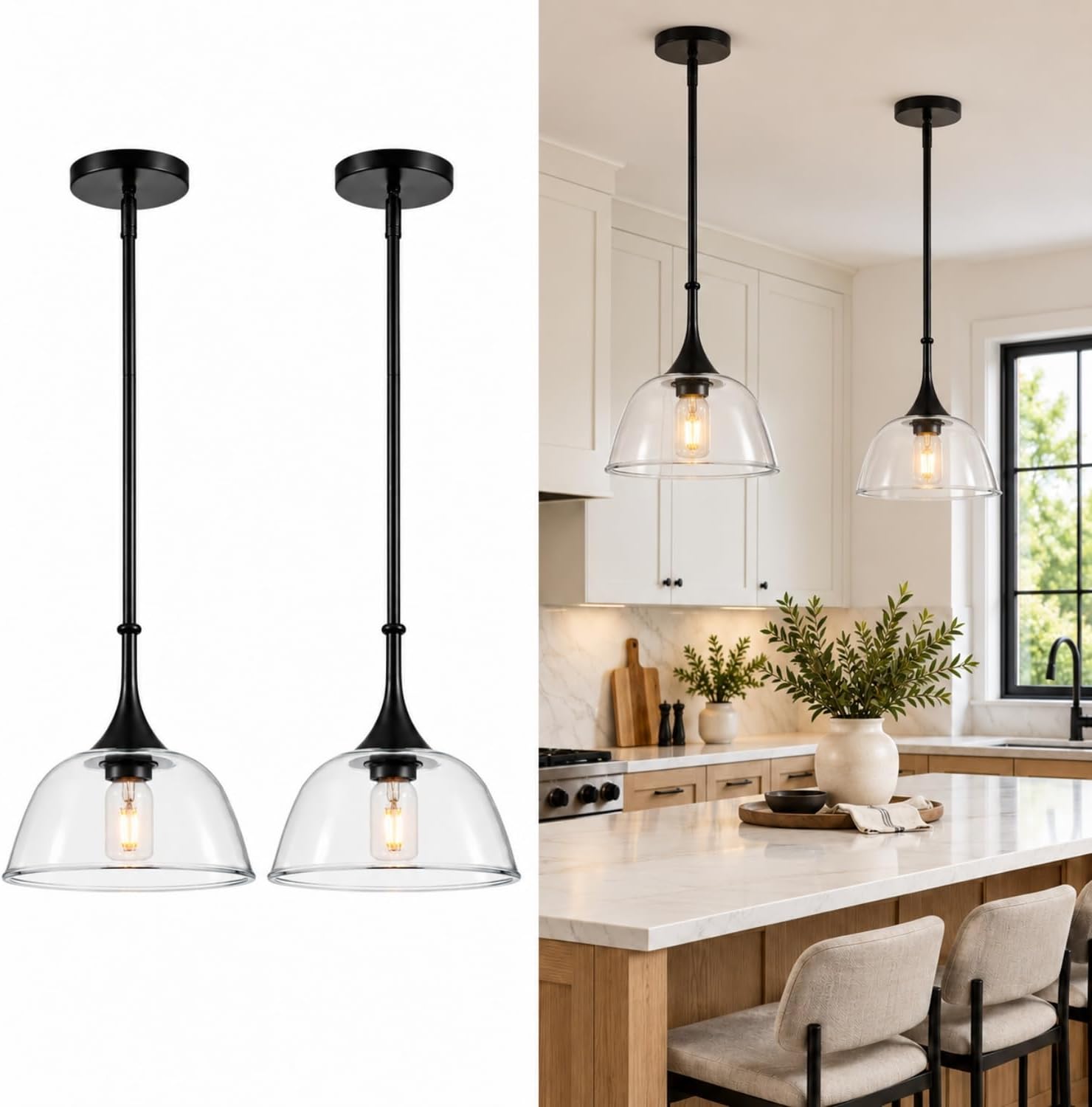 Matte Black Glass Pendant Lights for Kitchen Island, 2 Pack