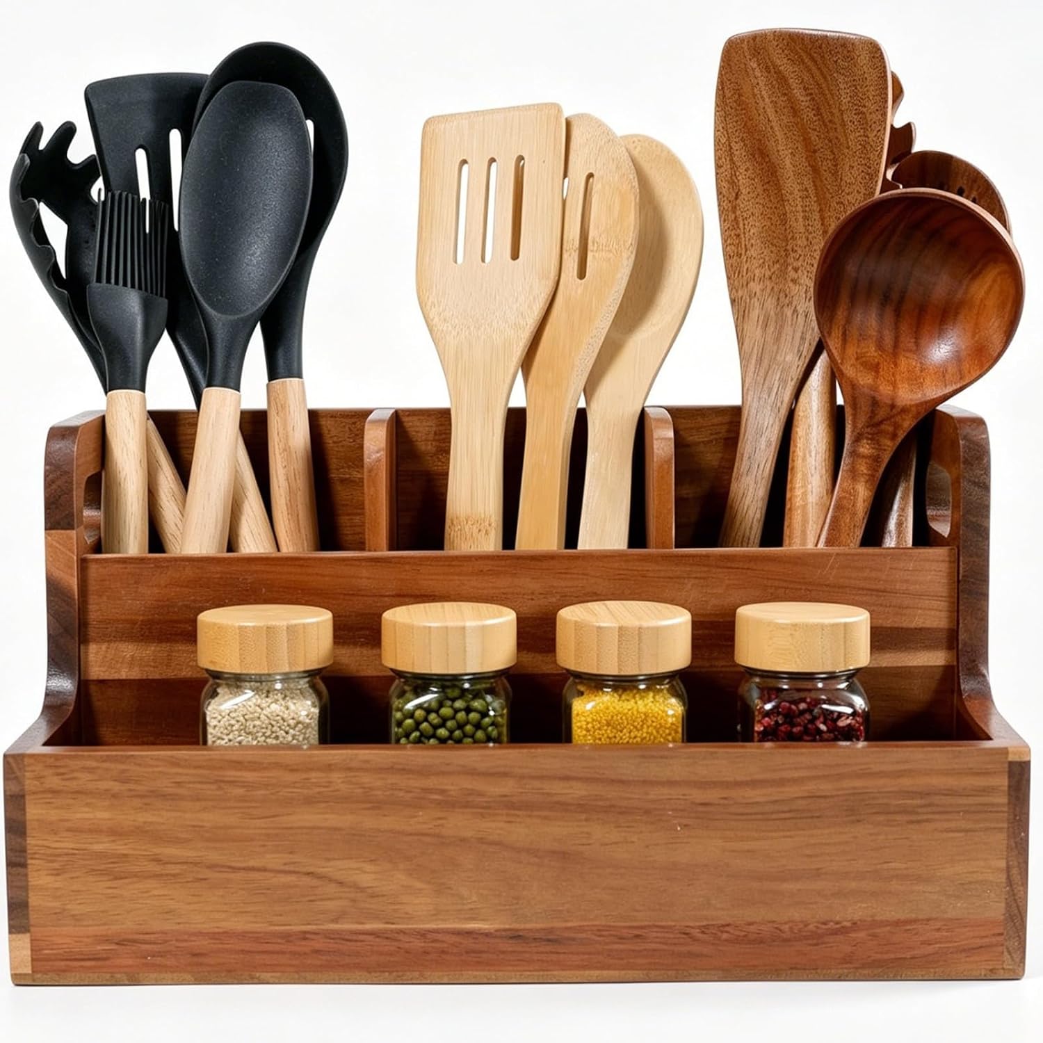 Acacia Wood Kitchen Utensil Holder for Countertop, 4 Compartments