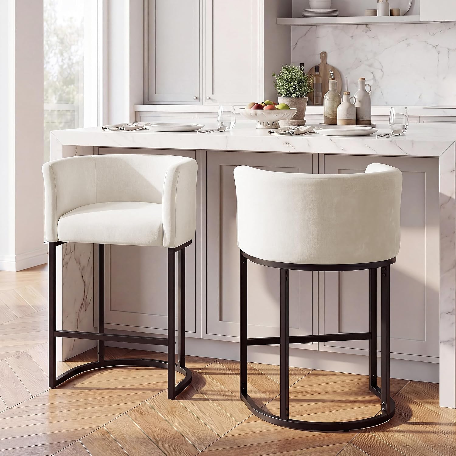 GRUSIGN Chenille Counter Height Bar Stools Set of 2, 26 Inch, with Arms and Footrest