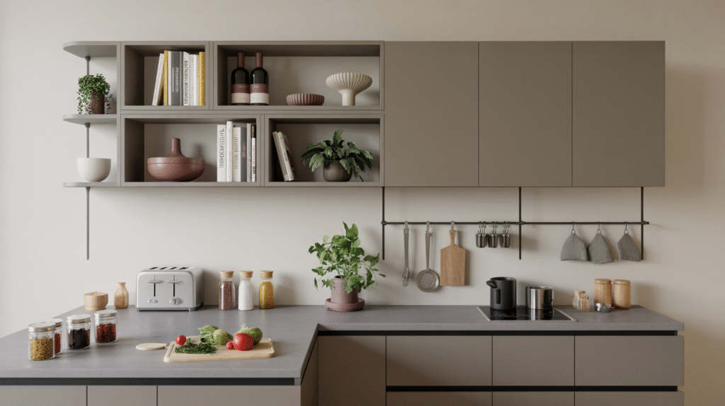 Wall-mounted modular kitchen cabinets and open cube shelving with books, plants and ceramics above a gray countertop