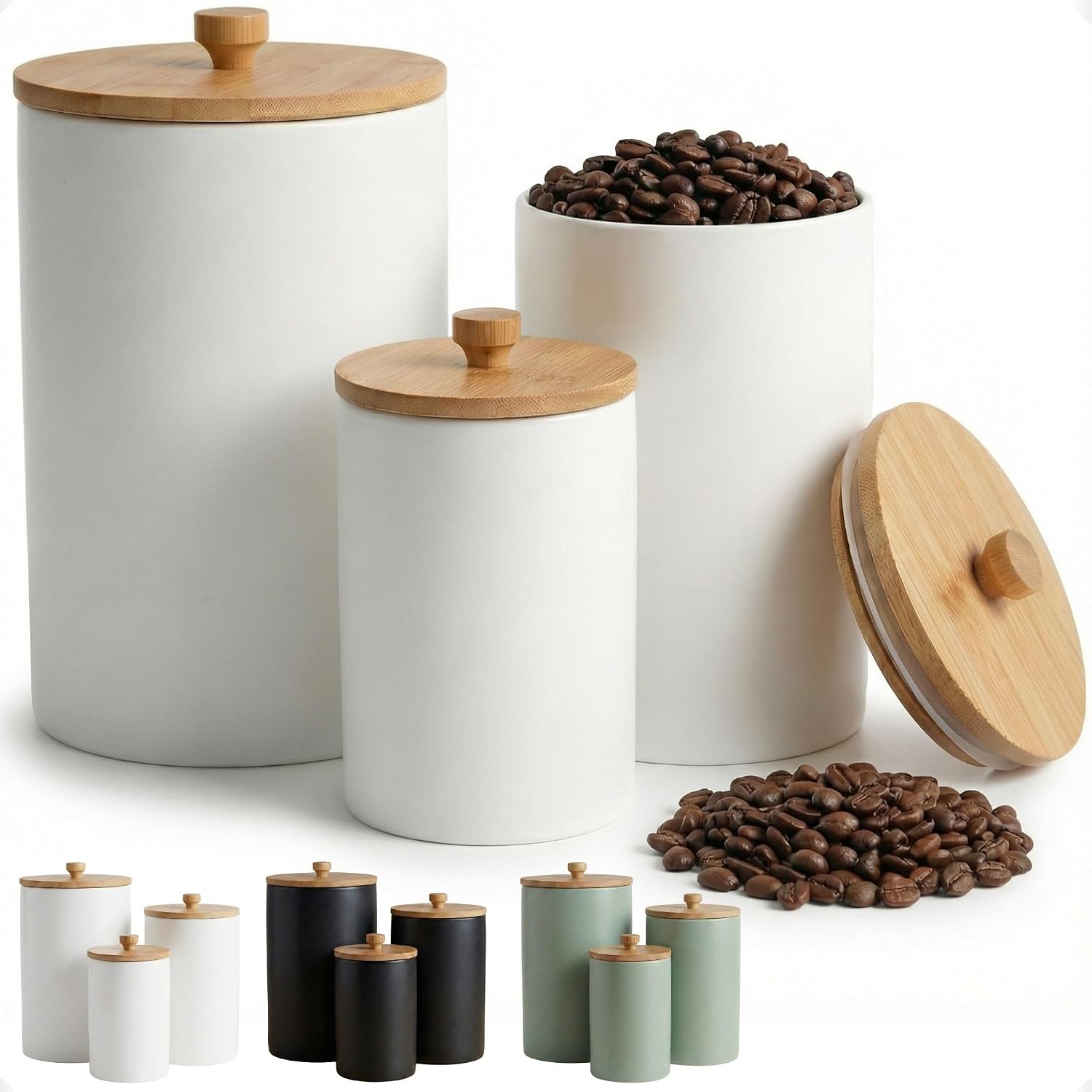 Ceramic Kitchen Canisters for Countertop, Set of 3, Airtight Bamboo Lids