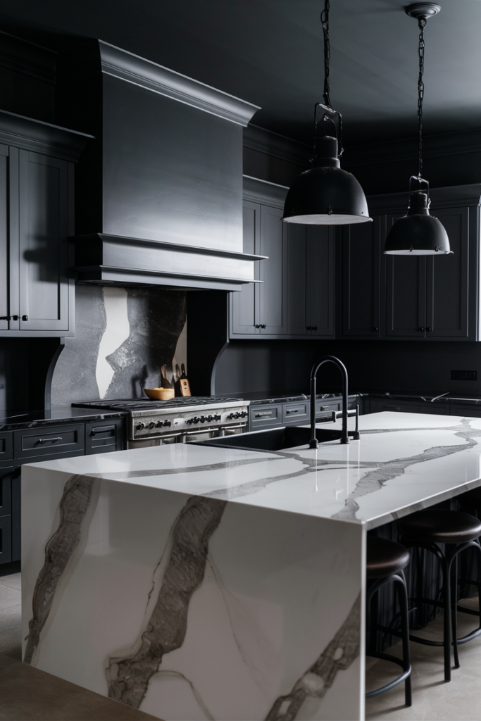 Modern kitchen featuring charcoal gray walls and cabinetry